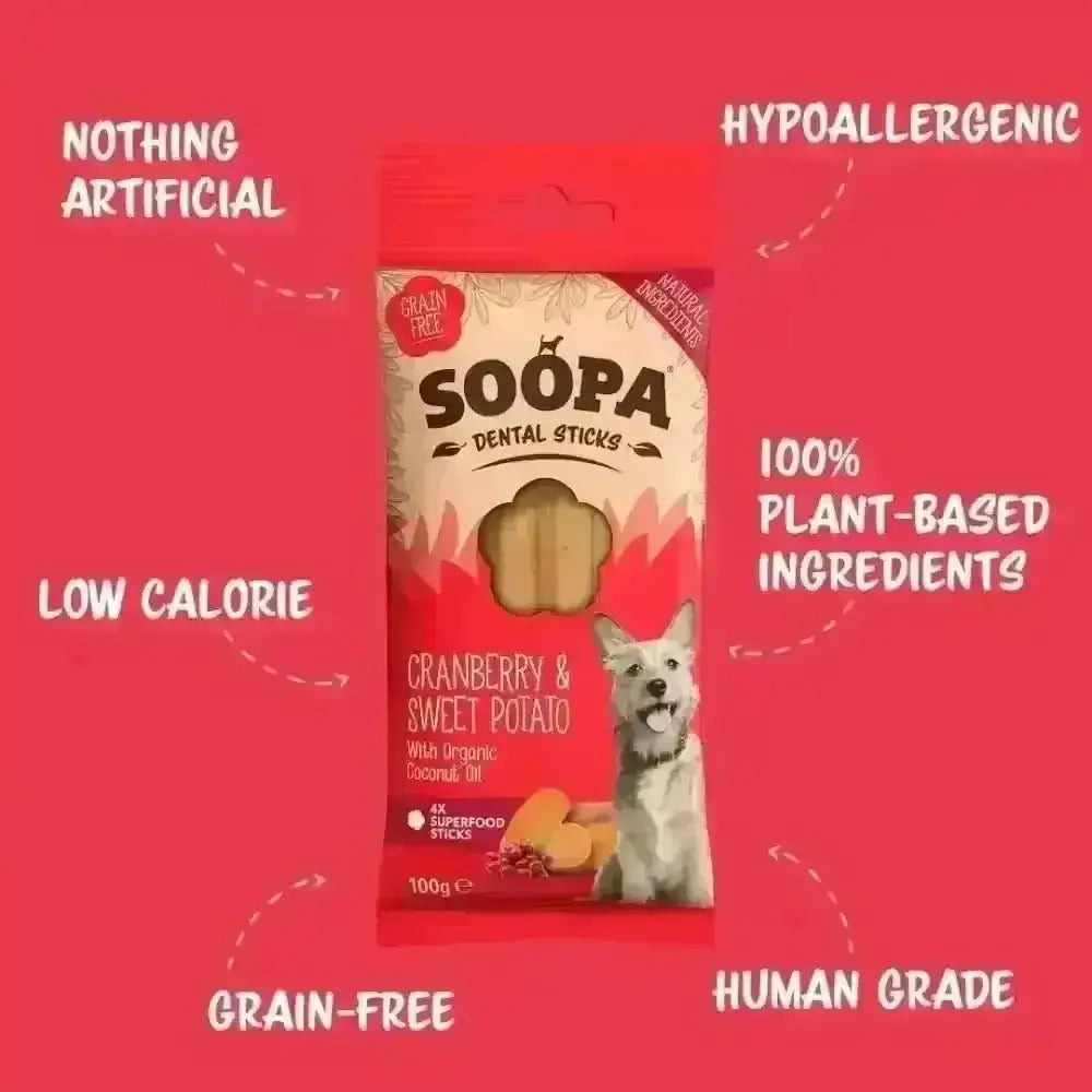 Soopa Cranberry and Sweet Potato Dental Sticks for healthy, grain-free, hypoallergenic teeth