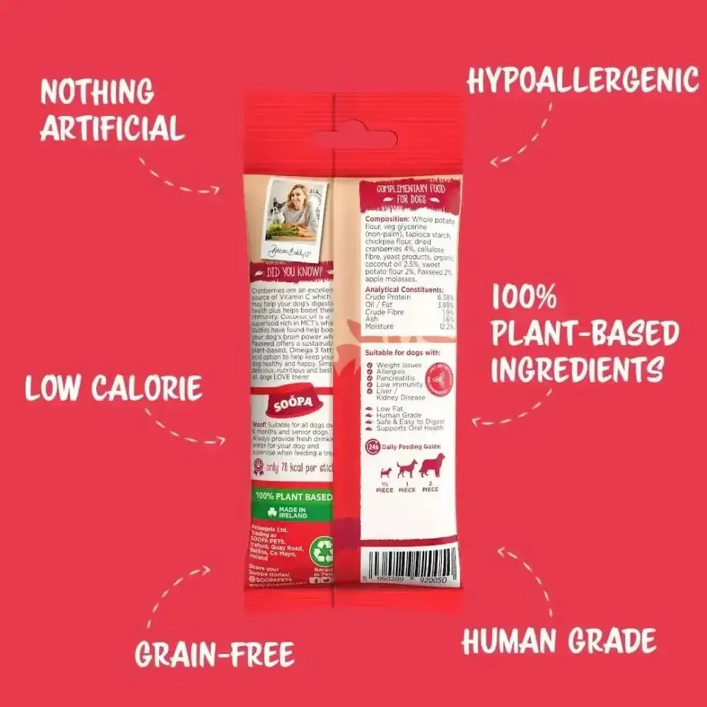 Red and white Dog Treat Bag with Plant-Based Ingredients for Sweet Potato Dental Sticks