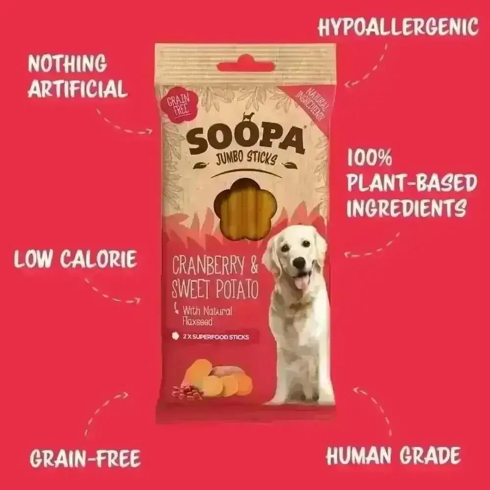 Soopa Cranberry & Sweet Potato Jumbo Dental Sticks bag with golden retriever