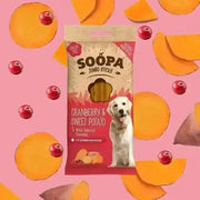 Soopa Cranberry and Sweet Potato Jumbo Dental Sticks bag with golden retriever