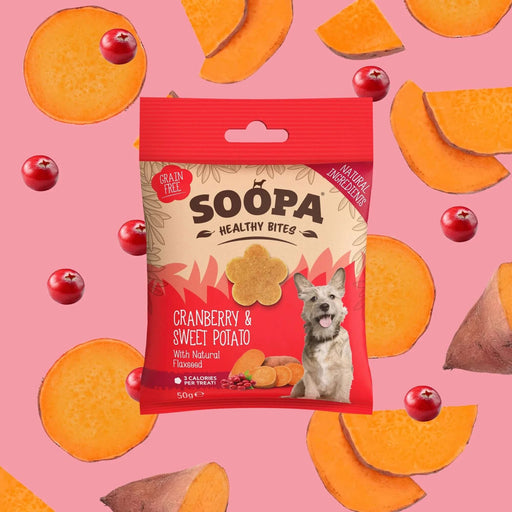 Soopa Cranberry & Sweet Potato Bites Natural Low Fat Dog Chews Made From Fruit And Vegetables.