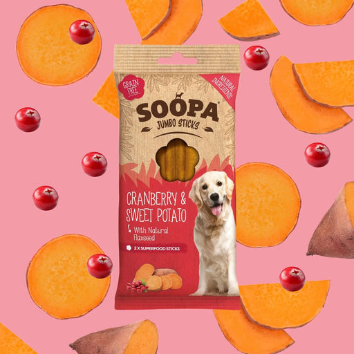 Soopa Cranberry & Sweet Potato Jumbo Sticks Natural Low Fat Dog Chews Made From Fruit And Vegetables.