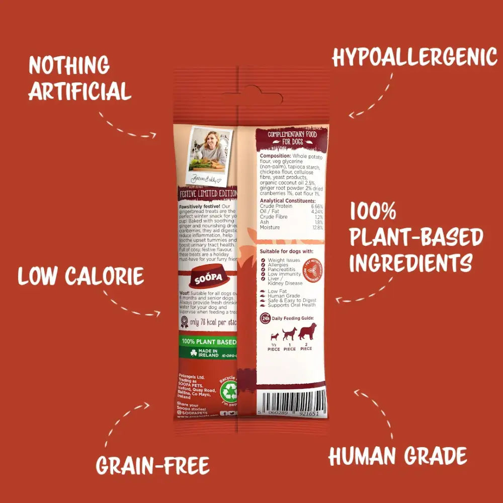 Soopa Gingerbread Biscuit Dental Sticks, 100% plant-based hypoallergenic dog treat on red background