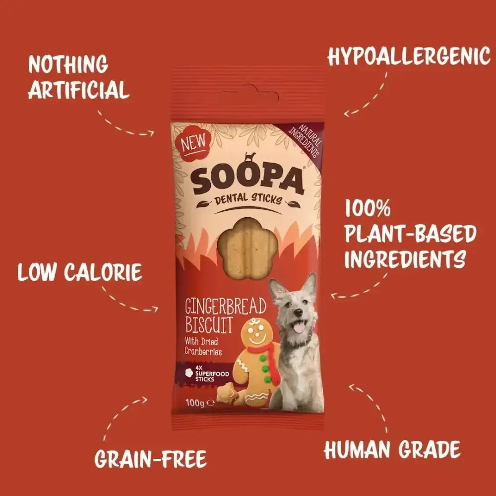 Soopa Gingerbread Biscuit Dental Sticks with plant-based ingredients for healthy dogs