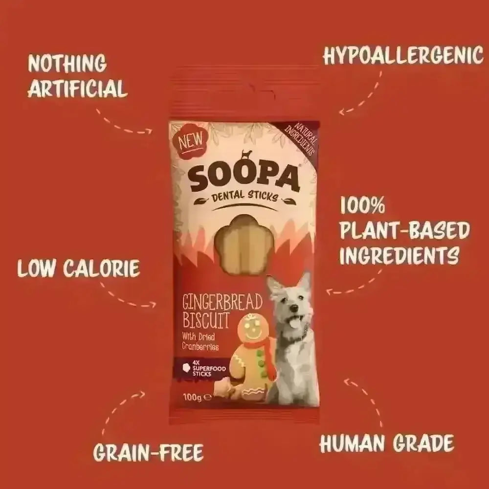 Soopa Gingerbread Biscuit Dental Sticks with plant-based ingredients for healthy dogs