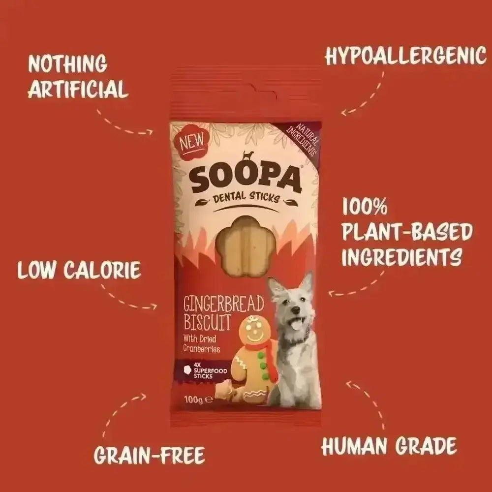 Soopa Gingerbread Biscuit Dental Sticks with plant-based ingredients for healthy dogs