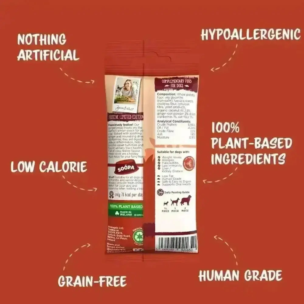 Soopa Gingerbread Biscuit Dental Sticks, 100% plant-based hypoallergenic dog treat on red background
