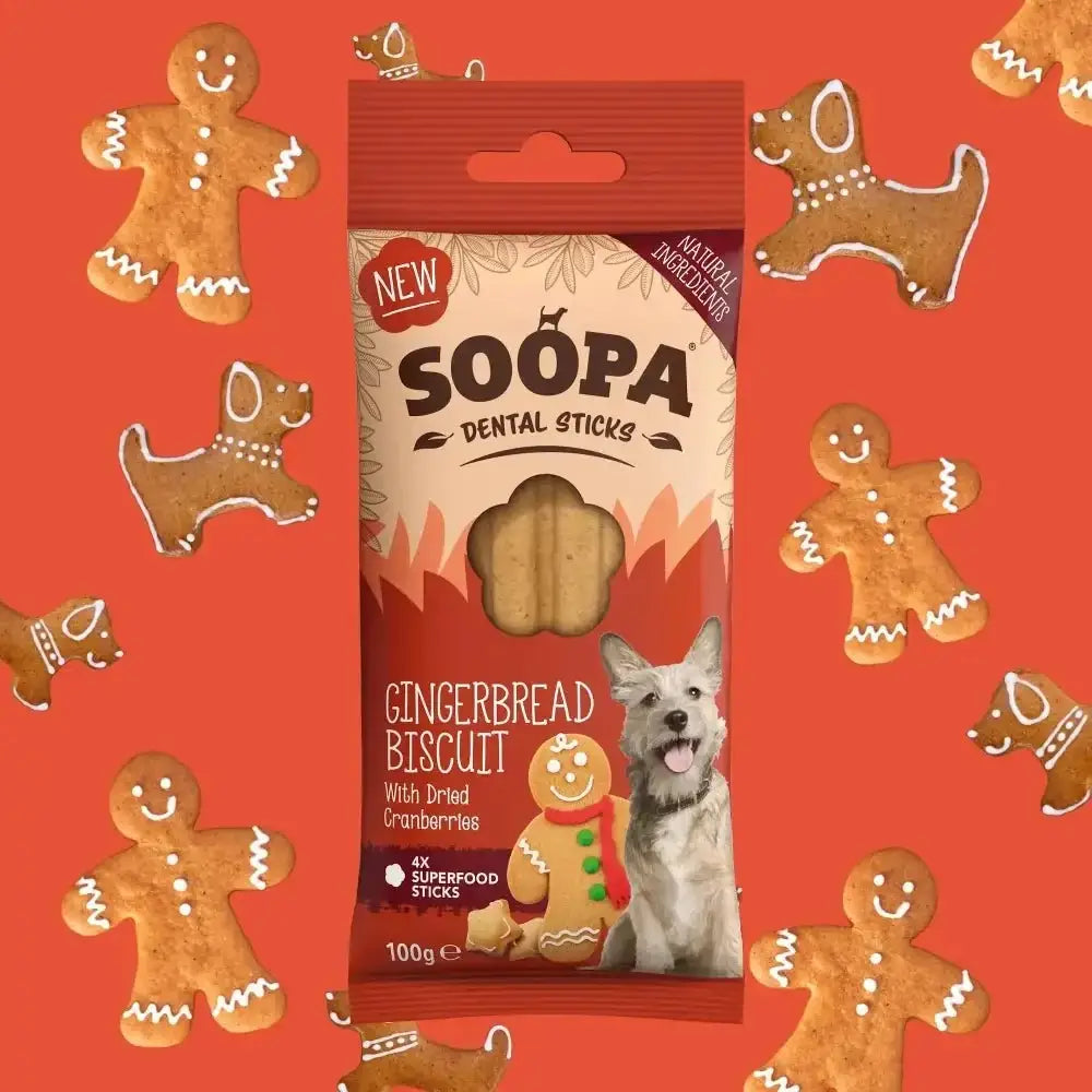 Soopa Gingerbread Biscuit Dental Sticks for dogs with cranberries, a delicious treat