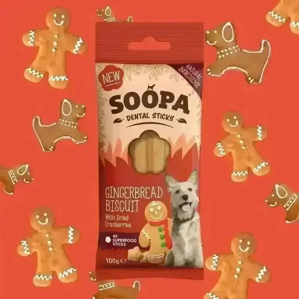 Soopa Gingerbread Biscuit Dental Sticks for dogs with cranberries, a delicious treat