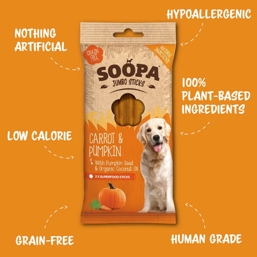Soopa Dog Chews Carrot & Pumpkin Jumbo Sticks Natural Low Fat Dog Chews Made From Fruit And Vegetables.