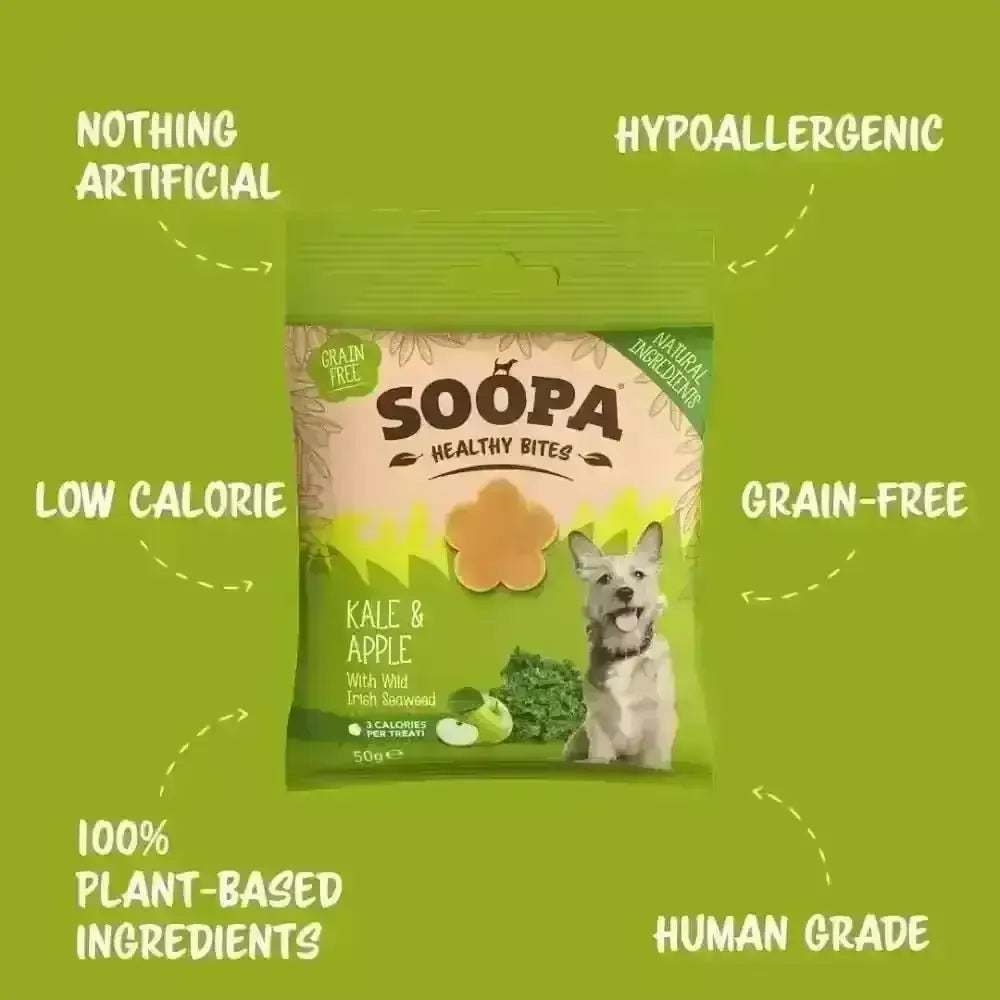 Soopa Kale & Apple Bites: grain free, hypo allergenic superfood dog treats in green box