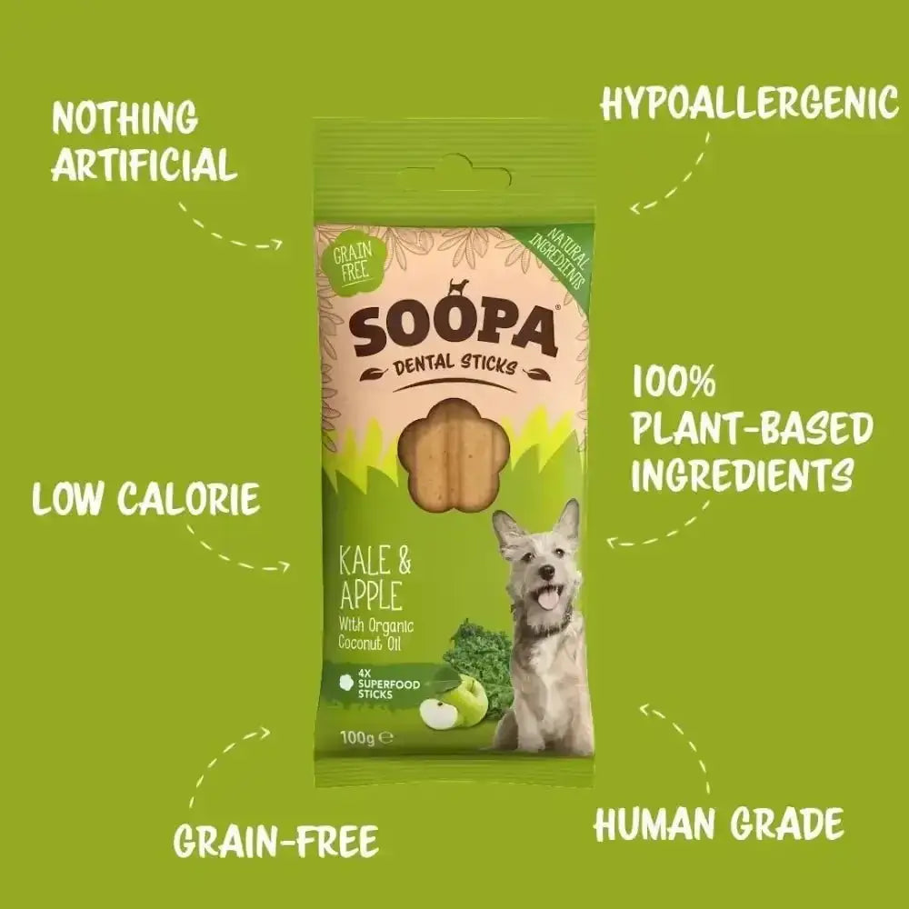 Soopa Kale and Apple Dental Sticks, hypoallergenic plant-based dog treats