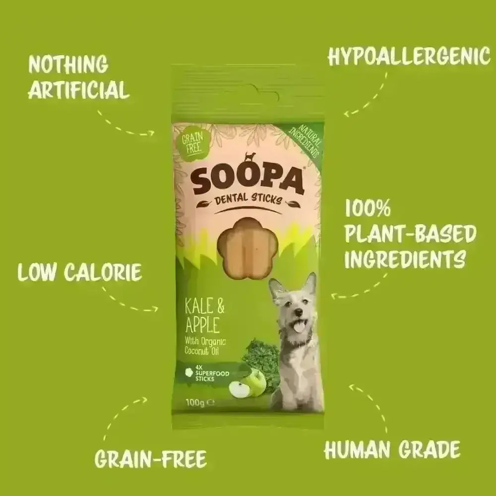 Soopa Kale and Apple Dental Sticks, hypoallergenic plant-based dog treats