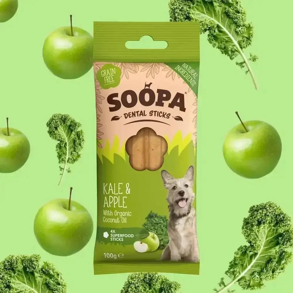 Soopa Kale and Apple Dental Sticks Dog Treat Bag, Human Grade
