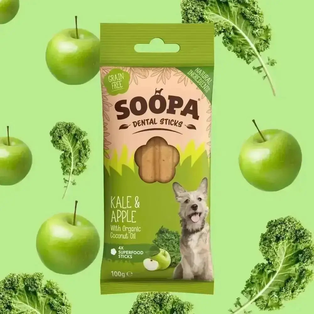 Soopa Kale and Apple Dental Sticks Dog Treat Bag, Human Grade