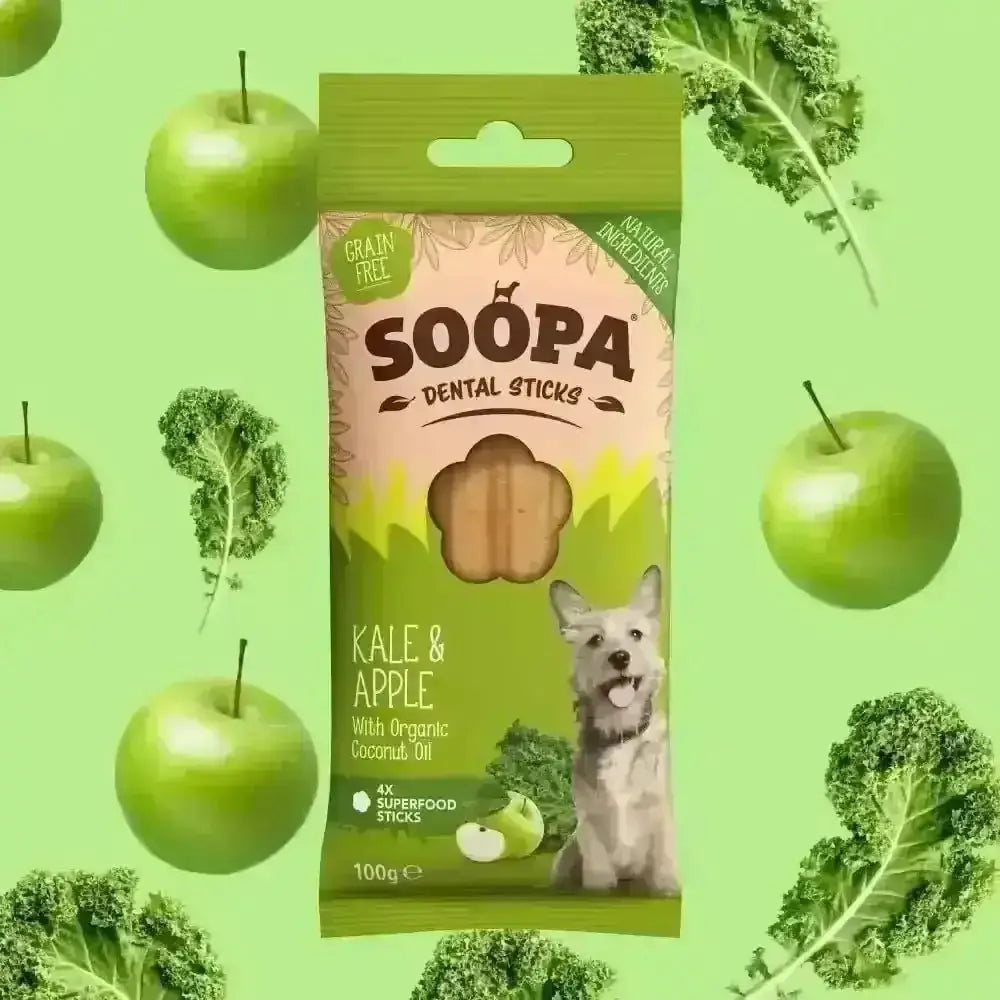 Soopa Kale and Apple Dental Sticks Dog Treat Bag, Human Grade