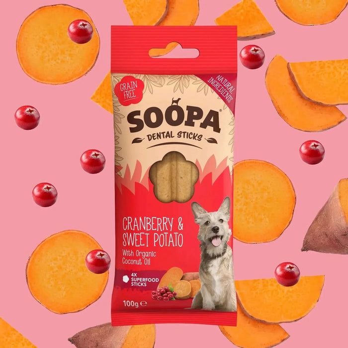 Soopa Cranberry & Sweet Potato Dental Stick Natural Low Fat Dog Chews Made From Fruit And Vegetables.