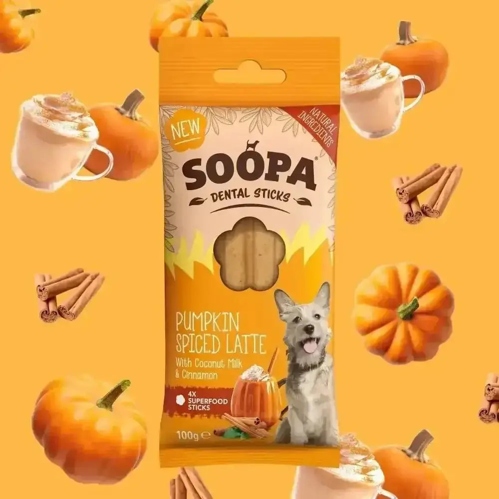 Soopa Pumpkin Spiced Latte Dental Sticks, delicious dog treat with coconut milk and cinnamon