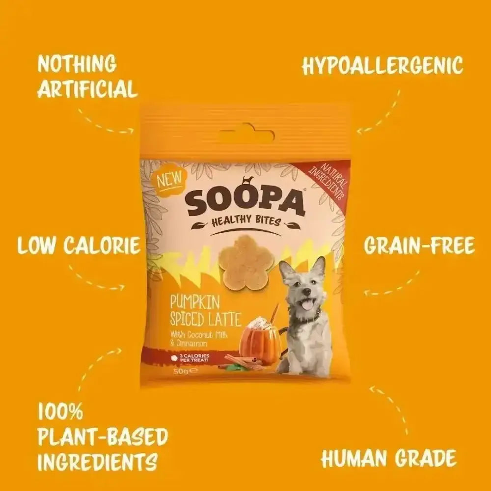 Soopa Pumpkin Spiced Latte Healthy Bites delicious dog treat with plant-based ingredients to regulate blood sugar