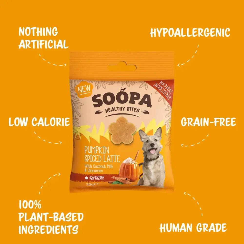 Soopa Pumpkin Spiced Latte Healthy Bites delicious dog treat with plant-based ingredients to regulate blood sugar