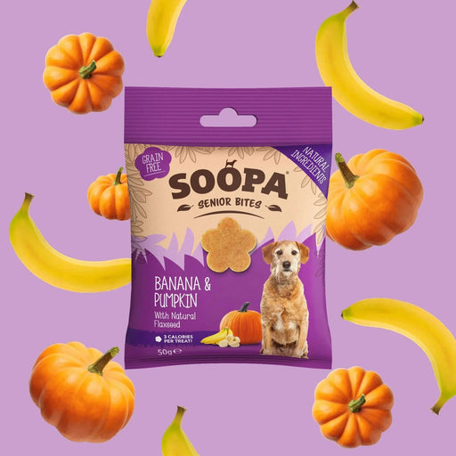 Soopa Banana & Pumpkin Senior Bites Natural Low Fat Dog Chews Made From Fruit And Vegetables.
