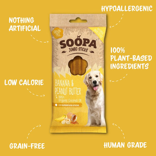 Soopa Banana & Peanut Butter Jumbo Sticks Natural Low Fat Dog Chews Made From Fruit And Vegetables.