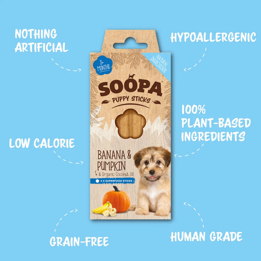 Soopa Banana & Pumpkin Puppy Sticks Natural Low Fat Dog Chews Made From Fruit And Vegetables.