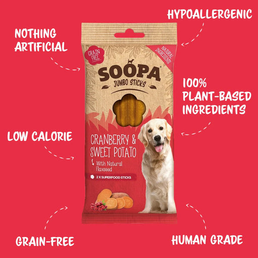 Soopa Cranberry & Sweet Potato Jumbo Sticks Natural Low Fat Dog Chews Made From Fruit And Vegetables.