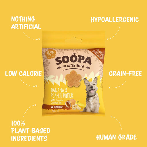Soopa Banana & Peanut Butter Bites Natural Low Fat Dog Chews Made From Fruit And Vegetables.