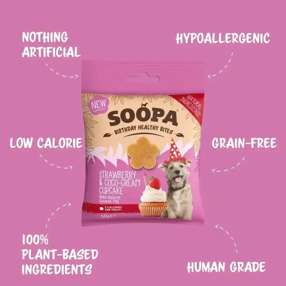 Soopa strawberry and coco-cream cupcake delicious dog treat with cartoon puppy in party hat