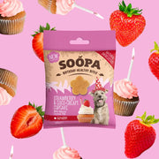 Soopa strawberry and coco-cream cupcake delicious dog treat with puppy in party hat