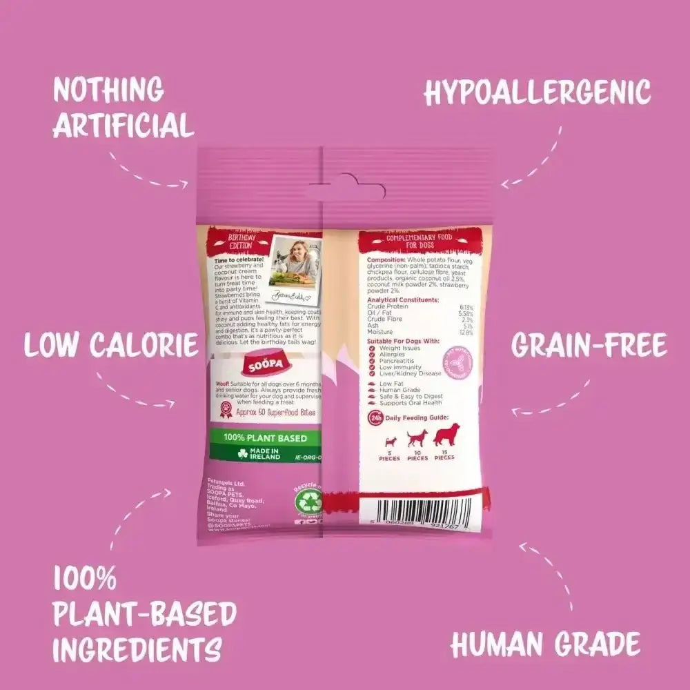 Soopa pink white resealable pouch of strawberry coconut cream cupcake dog treats