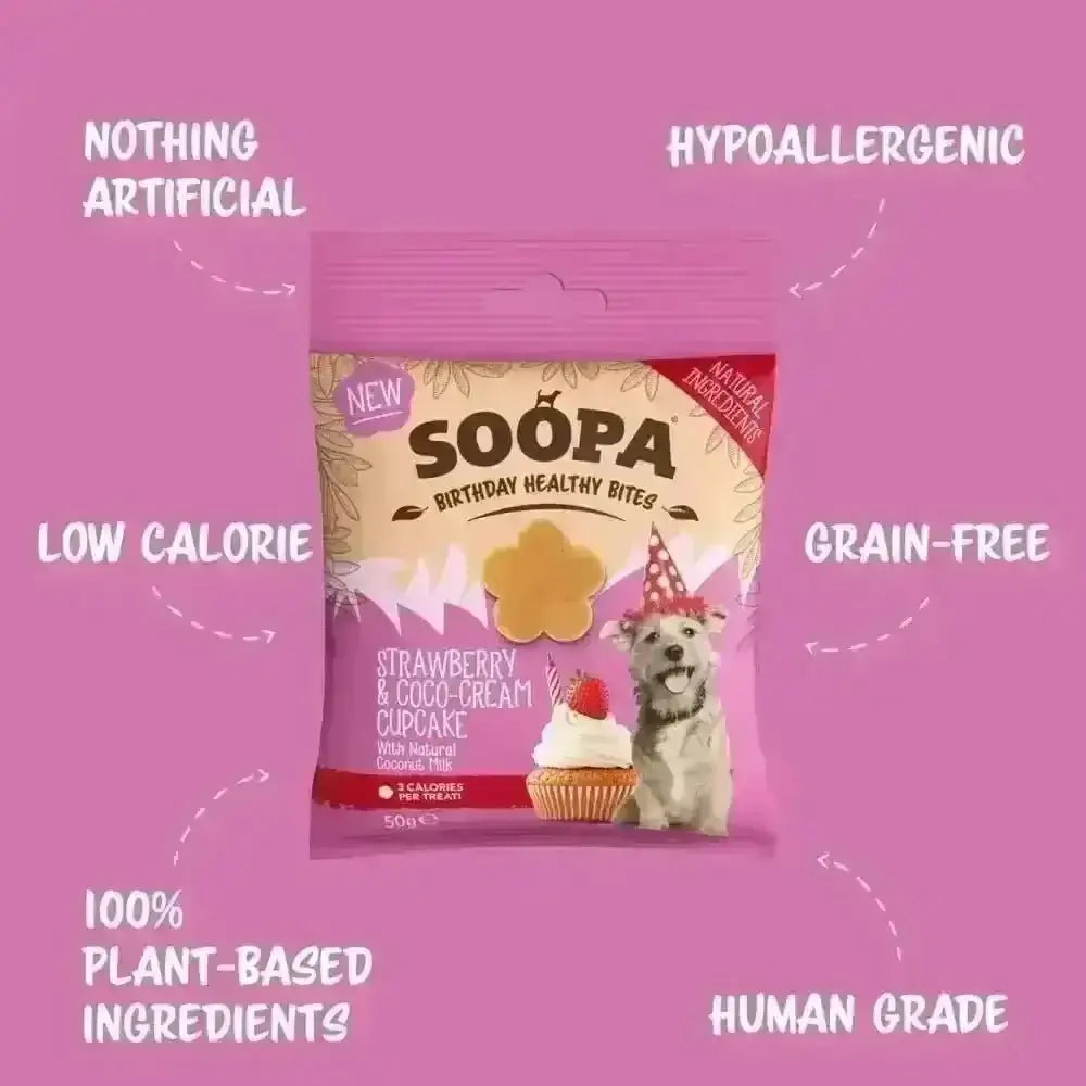 Soopa strawberry and coco-cream cupcake delicious dog treat with cartoon puppy in party hat