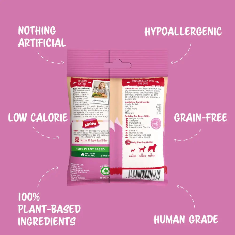 Soopa pink white resealable pouch of strawberry coconut cream cupcake dog treats