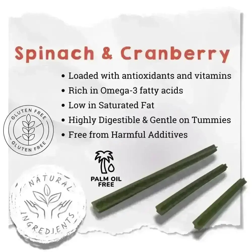 Gluten-free spinach and cranberry chew stick for dogs urinary tract and dental health