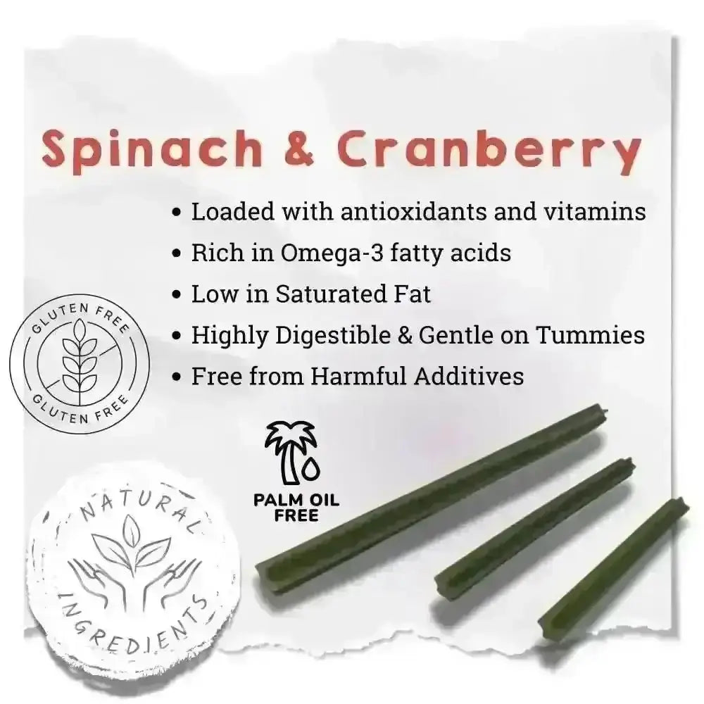 Spinach and cranberry chew stick for dogs, gluten-free, natural ingredients, palm oil free