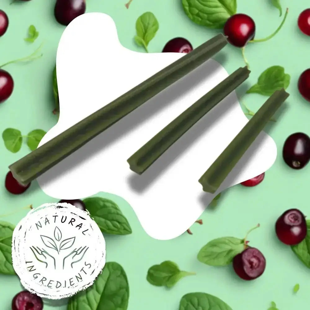 Olive green natural beeswax candles with leafy garnish and berries for Spinach Cranberry Chew Stick for Dogs