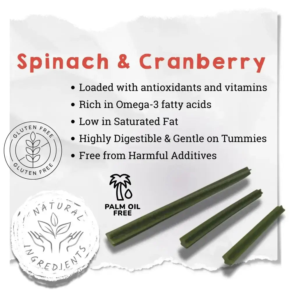 Spinach and cranberry chew stick for dogs, gluten-free, natural ingredients, palm oil free