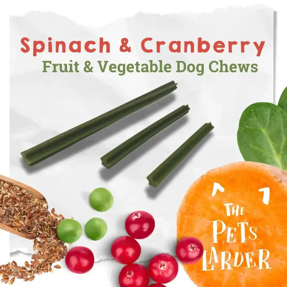 Natural Spinach and Cranberry Chew Stick for Dogs featuring leafy greens and red berries