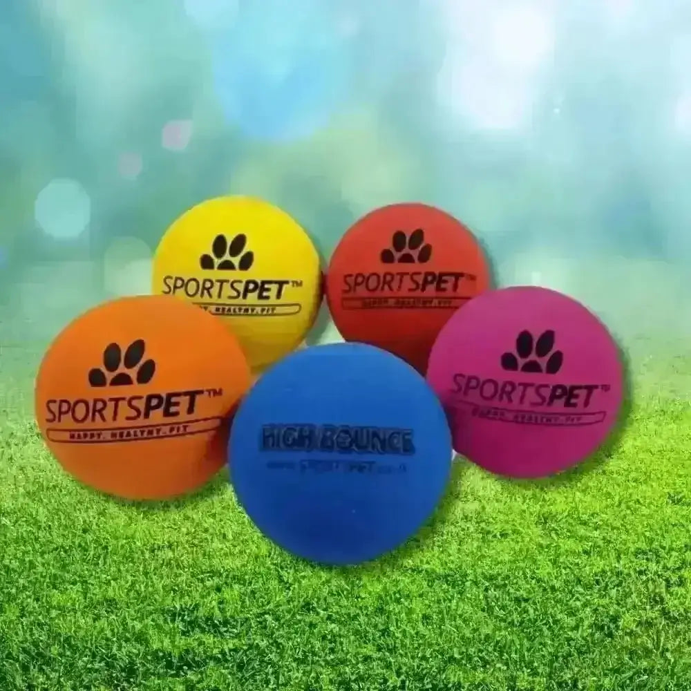 Sportspet Tough Bounce balls in vibrant colors with paw prints