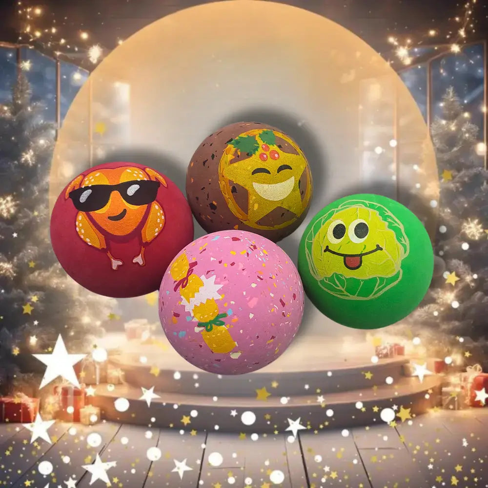 Sportspet Xmas Dinner Tough Bounce Balls for Dogs on a festive background