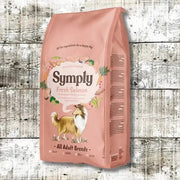 Pink Symply dog food bag with fresh salmon flavor and Shetland Sheepdog illustration