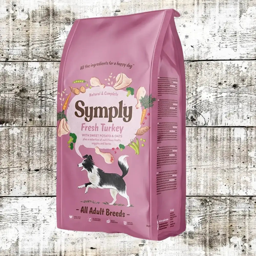 Symply Fresh Turkey for All Dog Breeds bag featuring fresh turkey and white and green accents