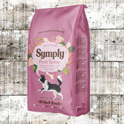 Symply Fresh Turkey for All Dog Breeds bag featuring fresh turkey and white and green accents