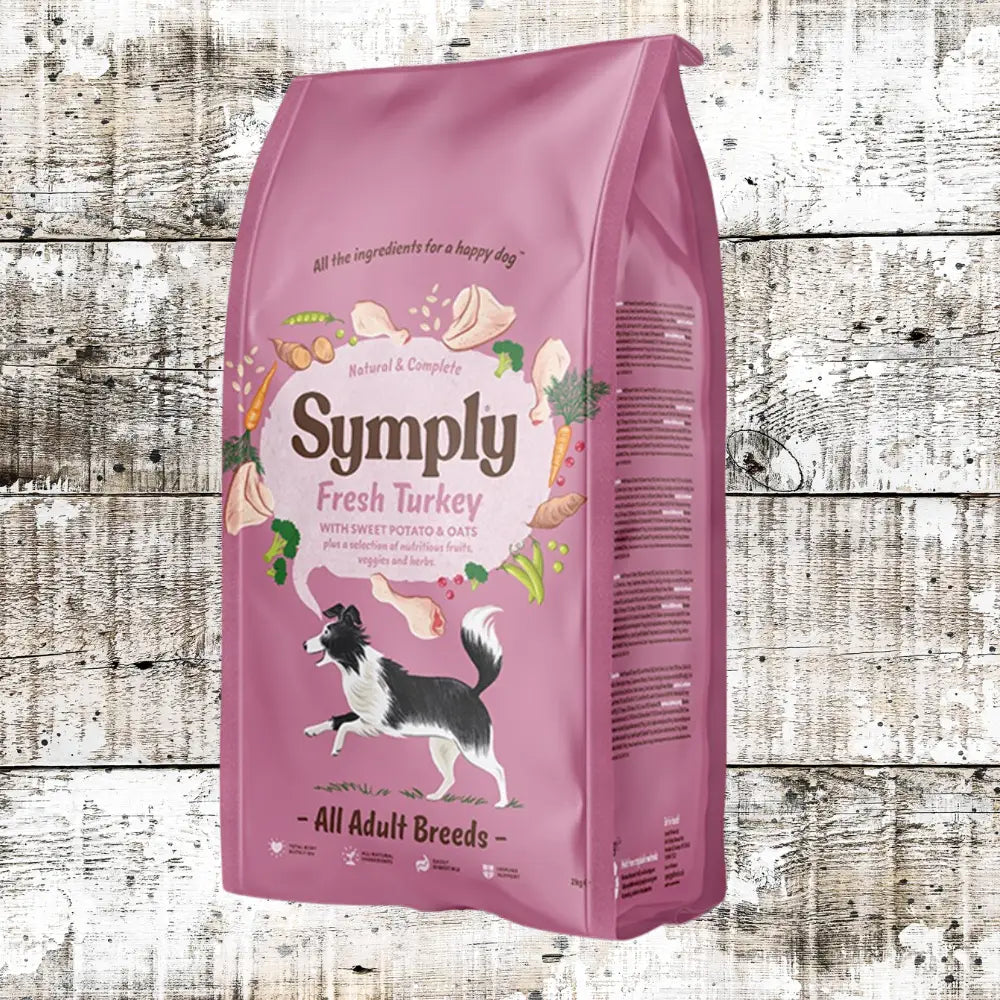 Symply Fresh Turkey for All Dog Breeds bag featuring fresh turkey and white and green accents