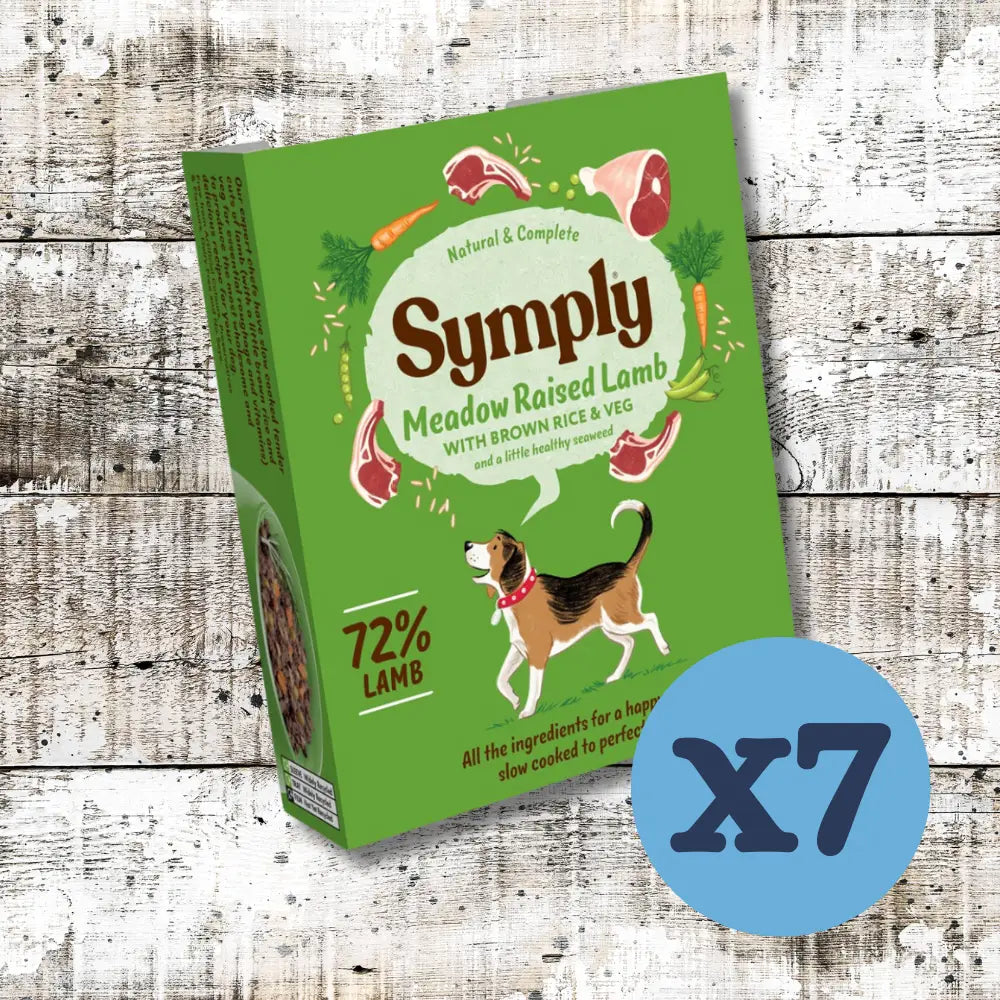 Symply Meadow Raised Lamb Adult Wet Dog Food box with playful dog illustration