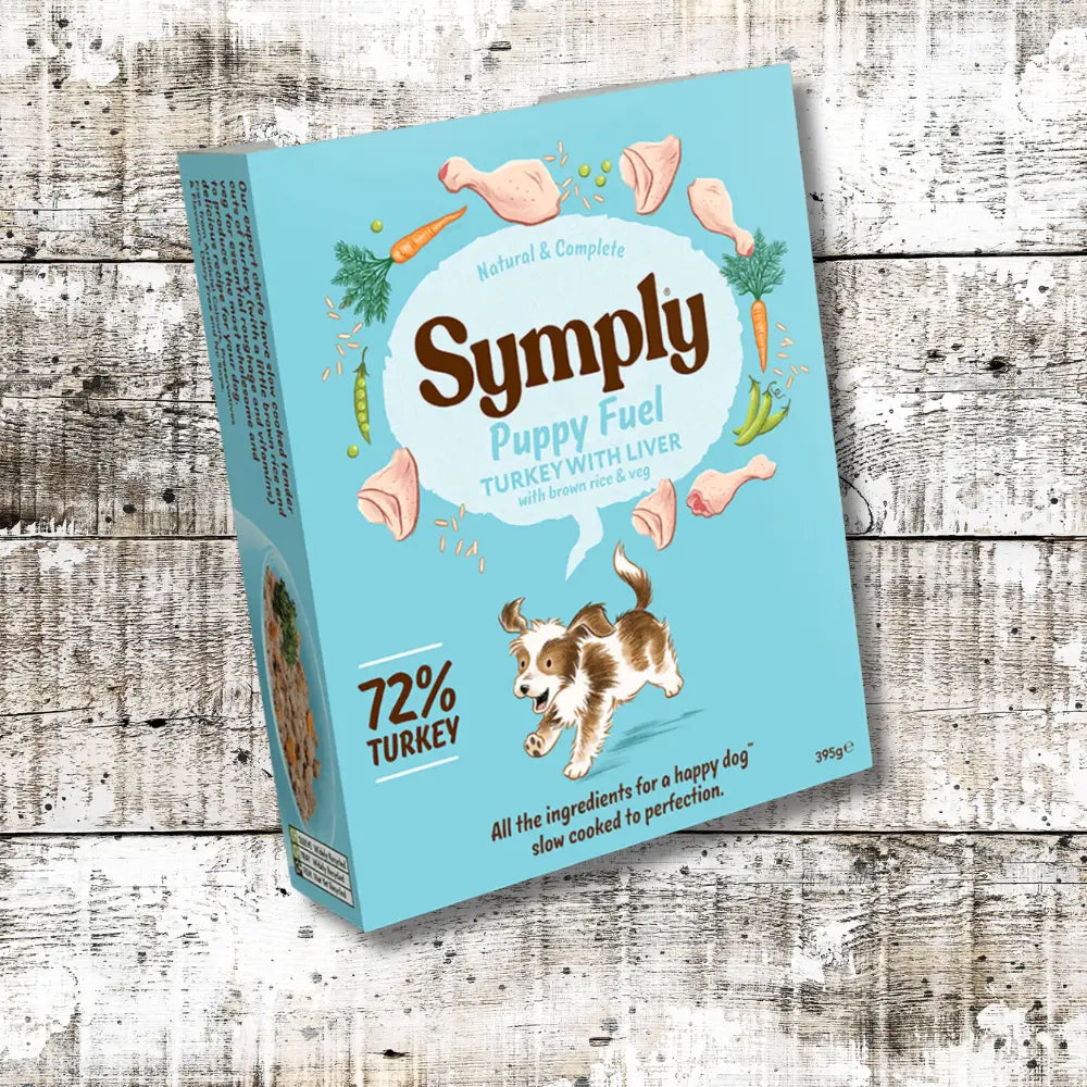 Symply Puppy Fuel Wet Dog Food box with turkey and liver, balanced recipe featuring succulent ingredients