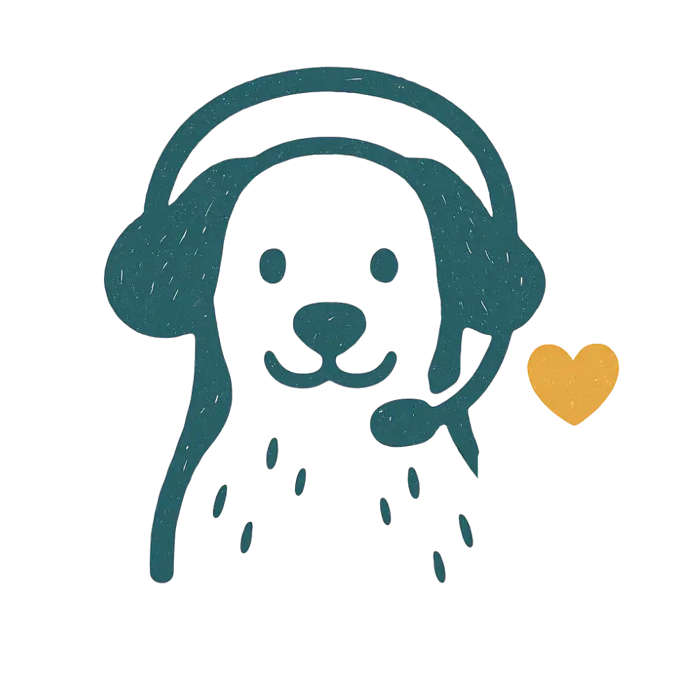 Teal dog with headphones and heart sticker