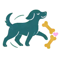 Teal dog with yellow bone toy and pink heart on it.