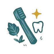 Teal toothbrush with green leaves and a yellow cross design on white background.